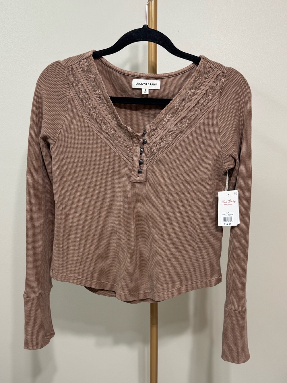 NWT Lucky Brand brown waffle knit cotton shirt, size small